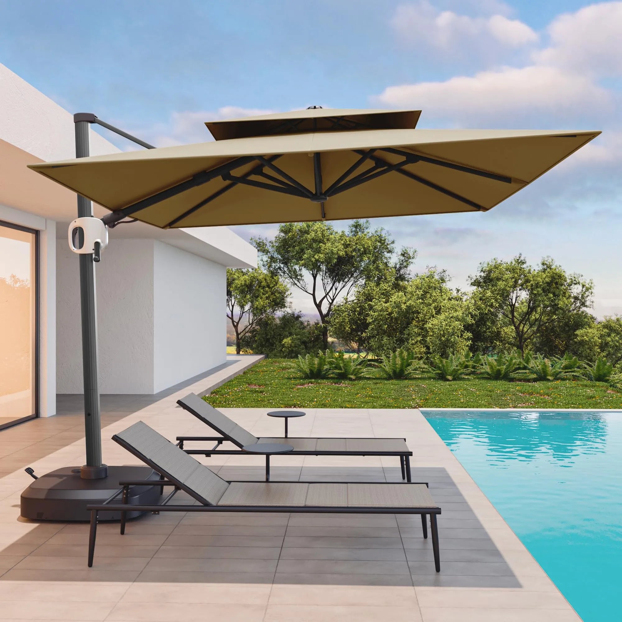 flame and shade patio umbrella 10 ft Double Roof Square Offset Cantilever Umbrella – East Oak
