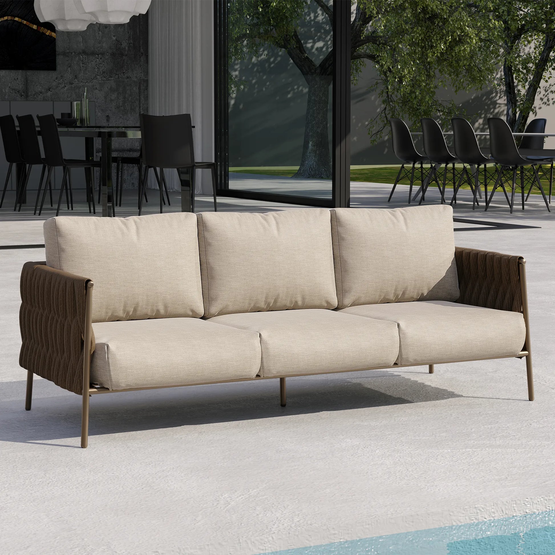 3SeatsOutdoorCouchChestnutBrownIntheGarden