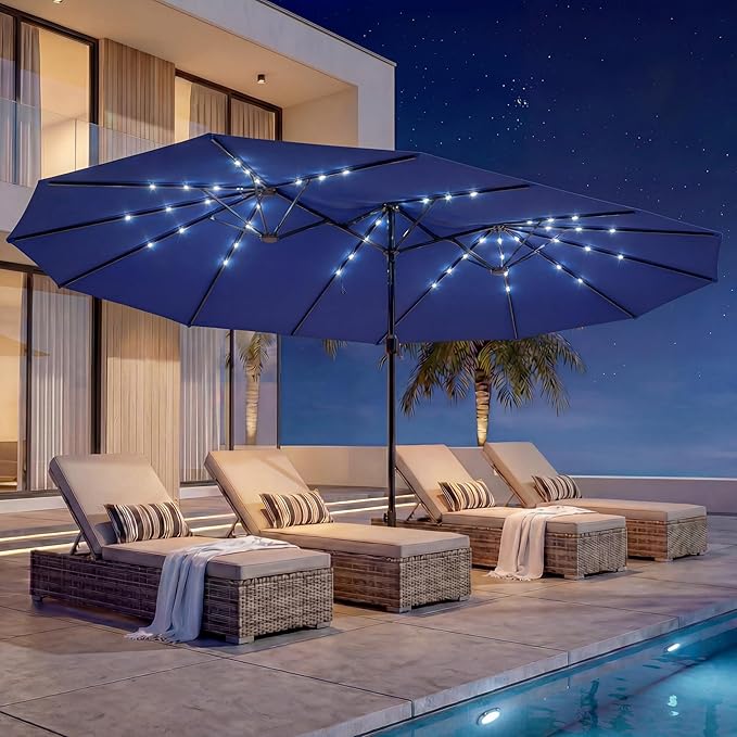 blue solar lighted patio umbrella 10ft Cantilever with Light & Rotation, Dark 10 guests or a full L Aok Garden 8.2x8.2FT Solar LED