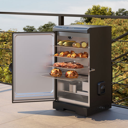 30-inch electric  meat smoker with side wood chip loader black in outdoor kitchen, backyard, and patio.