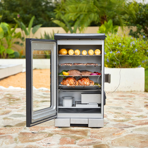 East Oak 30-inch electric smoker in the backyard, perfect for grilling and smoking brisket, burnt ends, and smoked pork butt. A great electric smoker for BBQ enthusiasts.